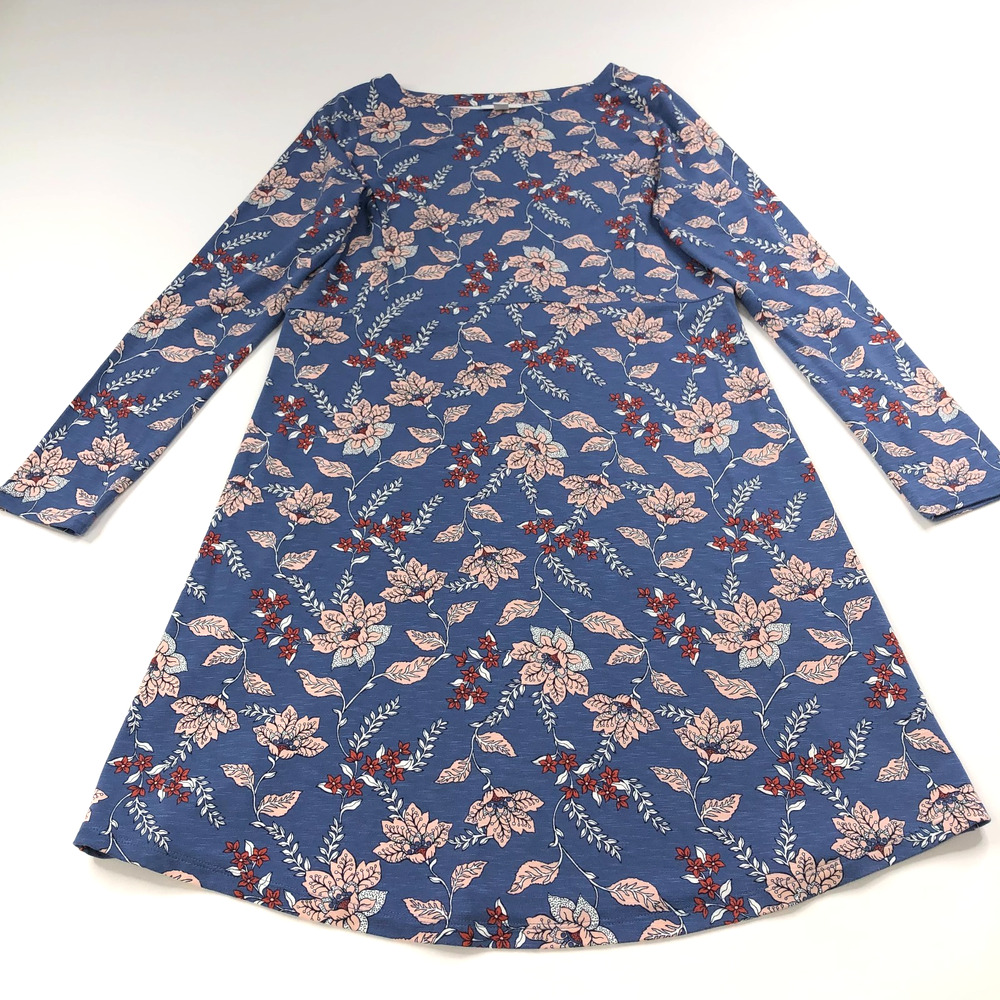 J. Jill XS A-Line Long Sleeve Shirt Dress Above Knee All Over Print Leaf Blue